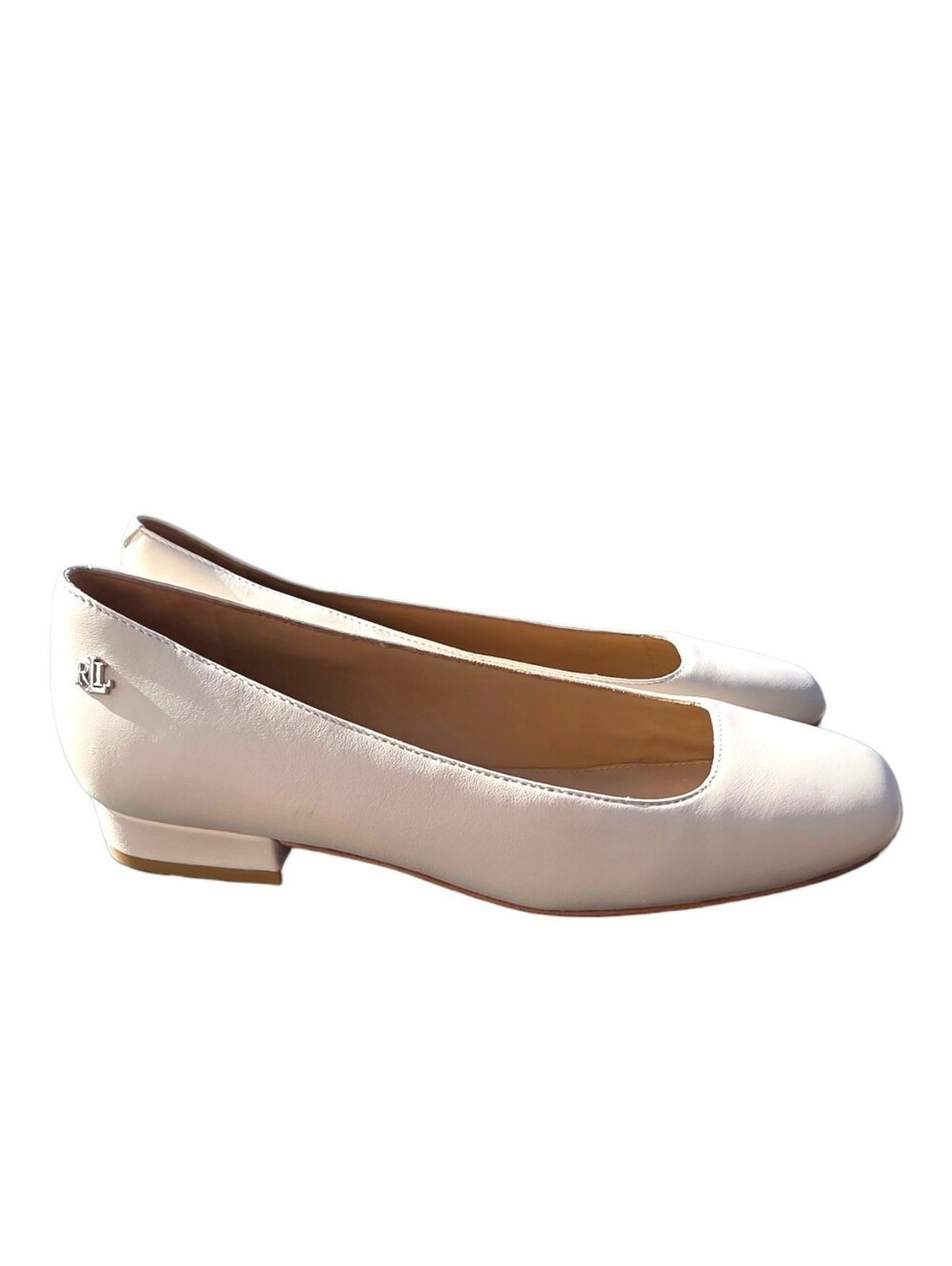 Ralph Lauren Cream Leather Ballet Flats with Silver Tobe RL Logo 7.5 B